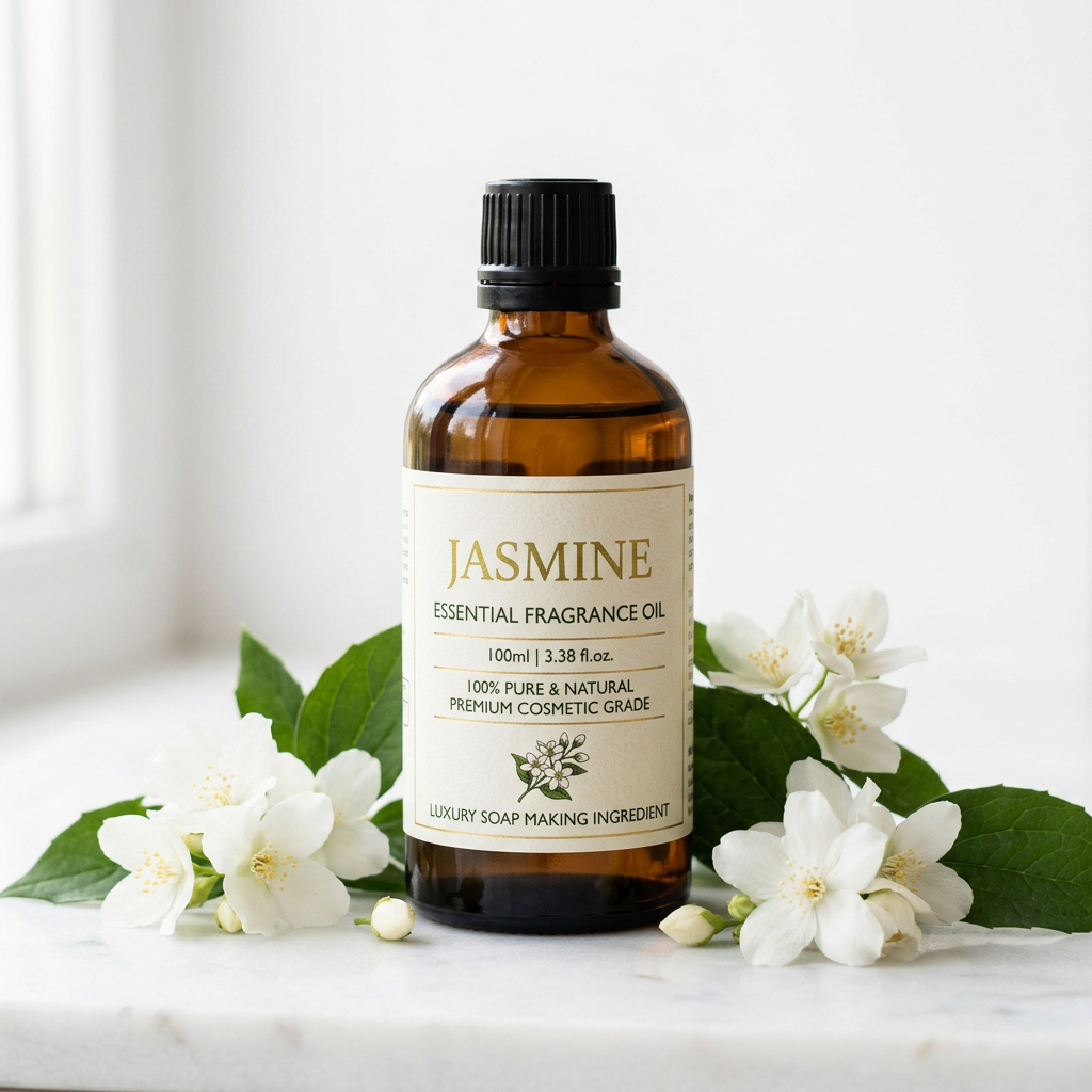 Jasmine Fragrance Oil 100ml bottle with white jasmine flowers