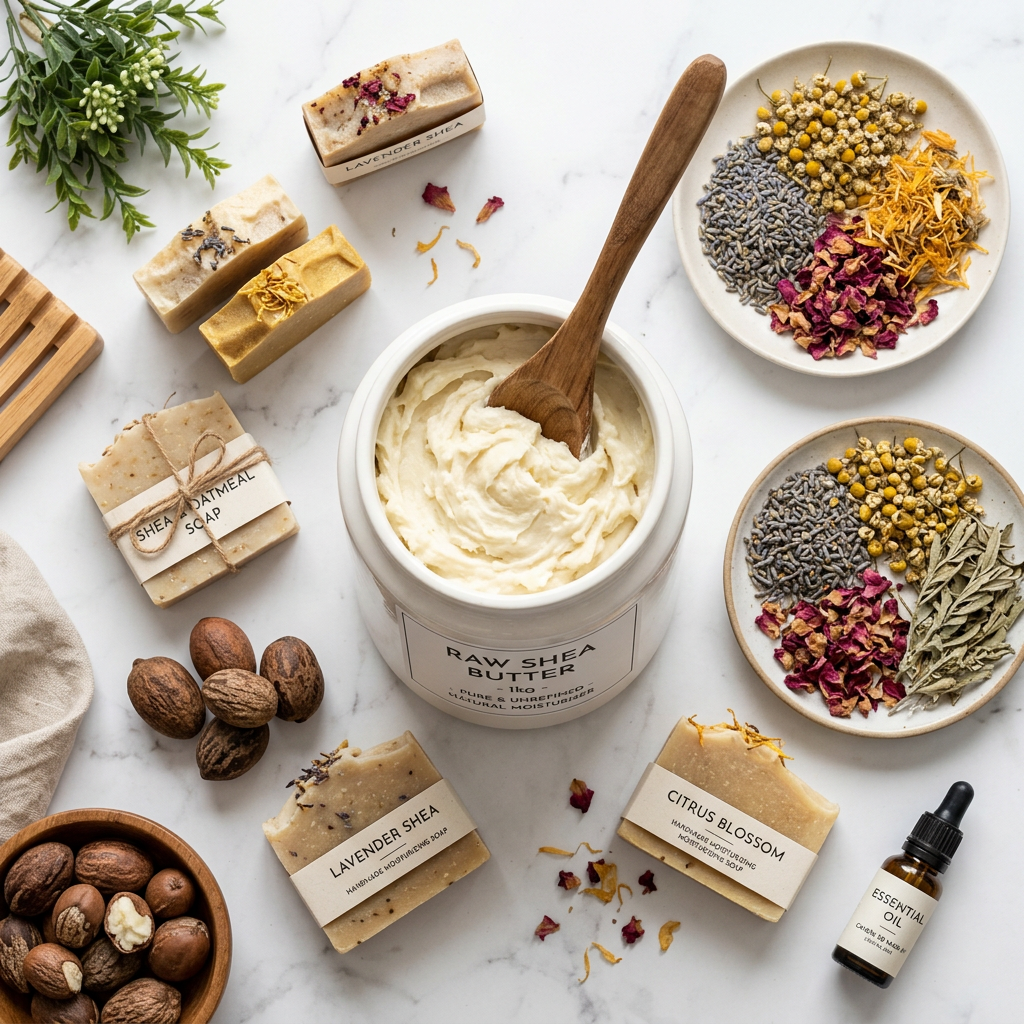 Shea Butter flat lay with soap bars and shea nuts on marble surface