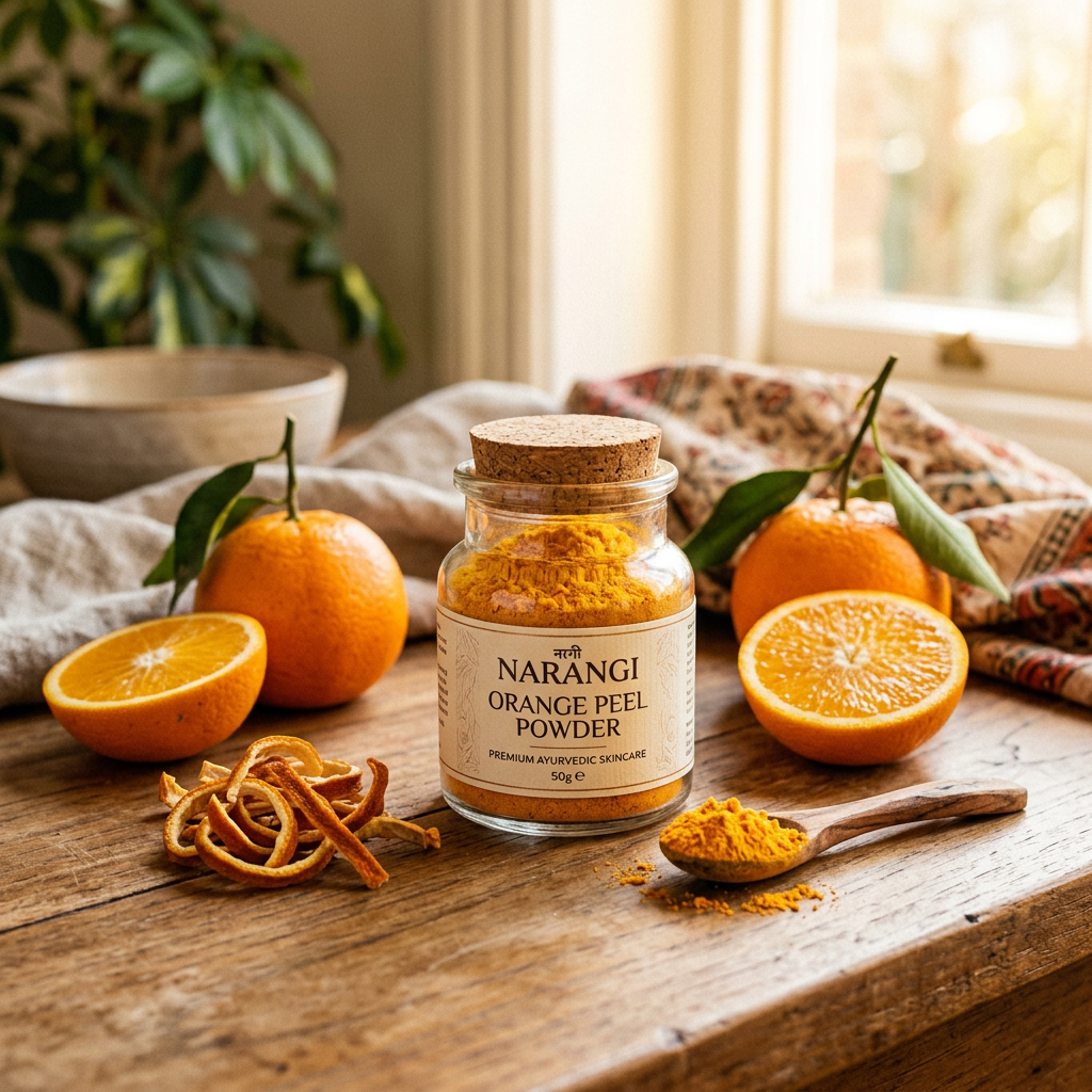 Orange Peel Powder lifestyle with fresh oranges and warm golden powder jar