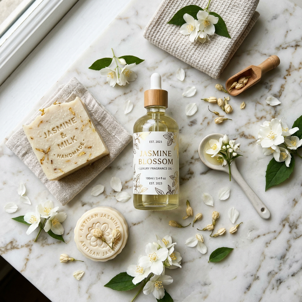 Jasmine Fragrance Oil flat lay with soaps and jasmine petals
