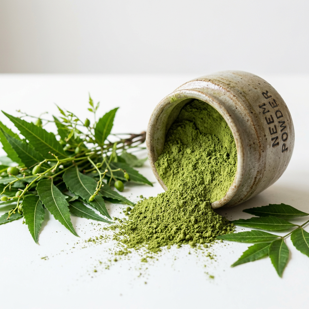 Neem Powder close-up fine green powder with neem leaves and twigs