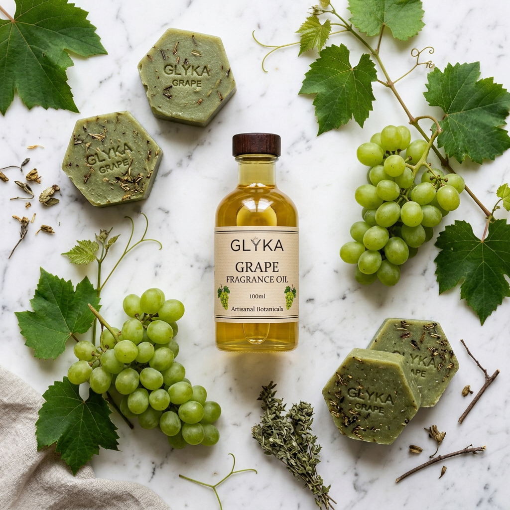 Grapes Fragrance Oil flat lay with green grape soaps and vine leaves