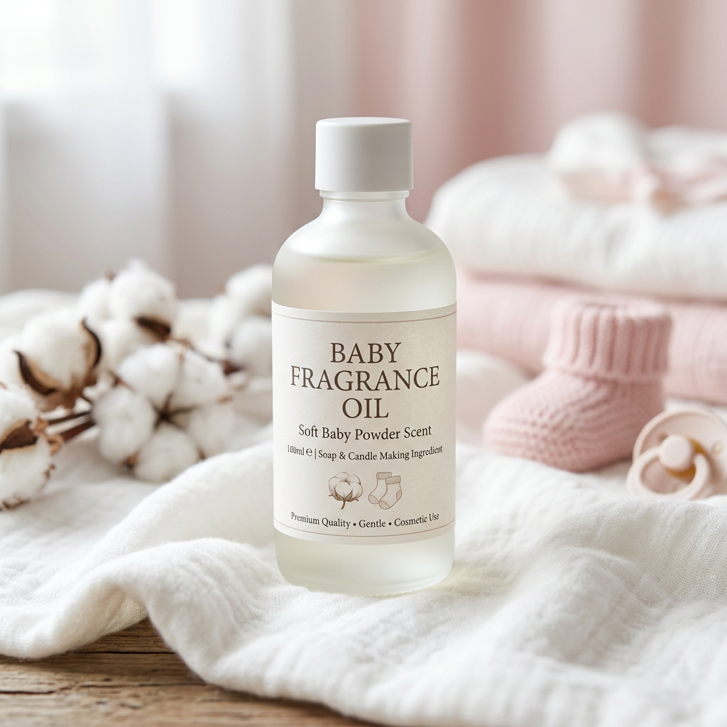 Baby Fragrance Oil 100ml bottle with soft cotton and pastel background