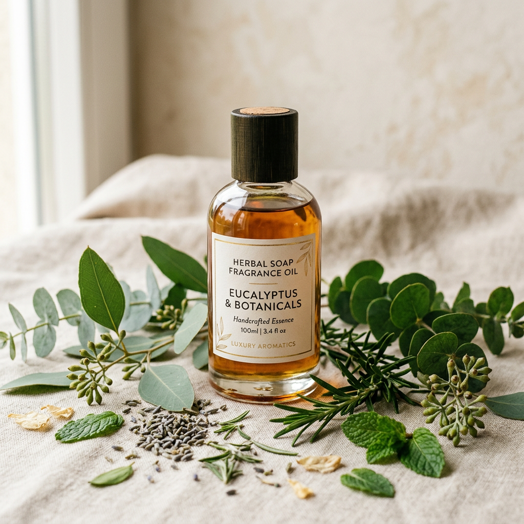 Herbal Fragrance Oil close-up with botanical herbs